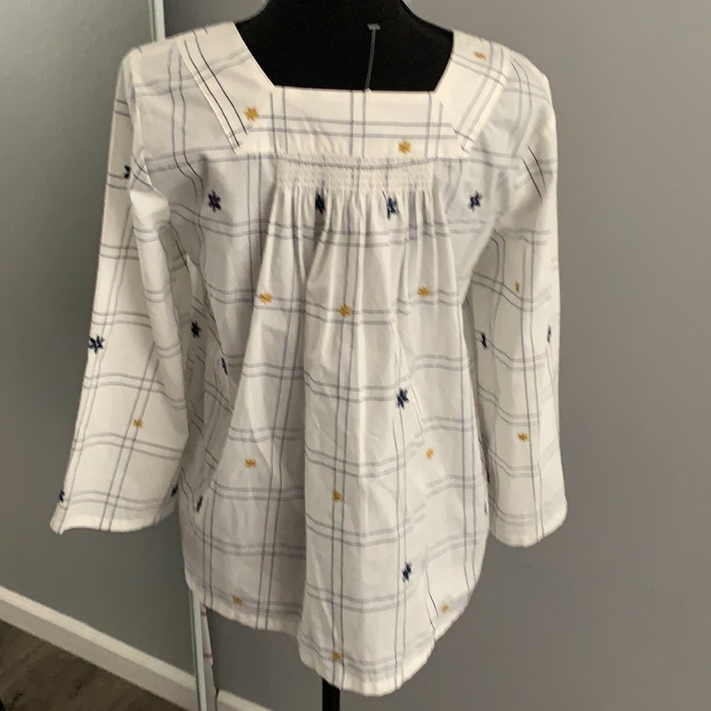 Embroidered Windowpane Square-Neck Button-Down Top - image 4